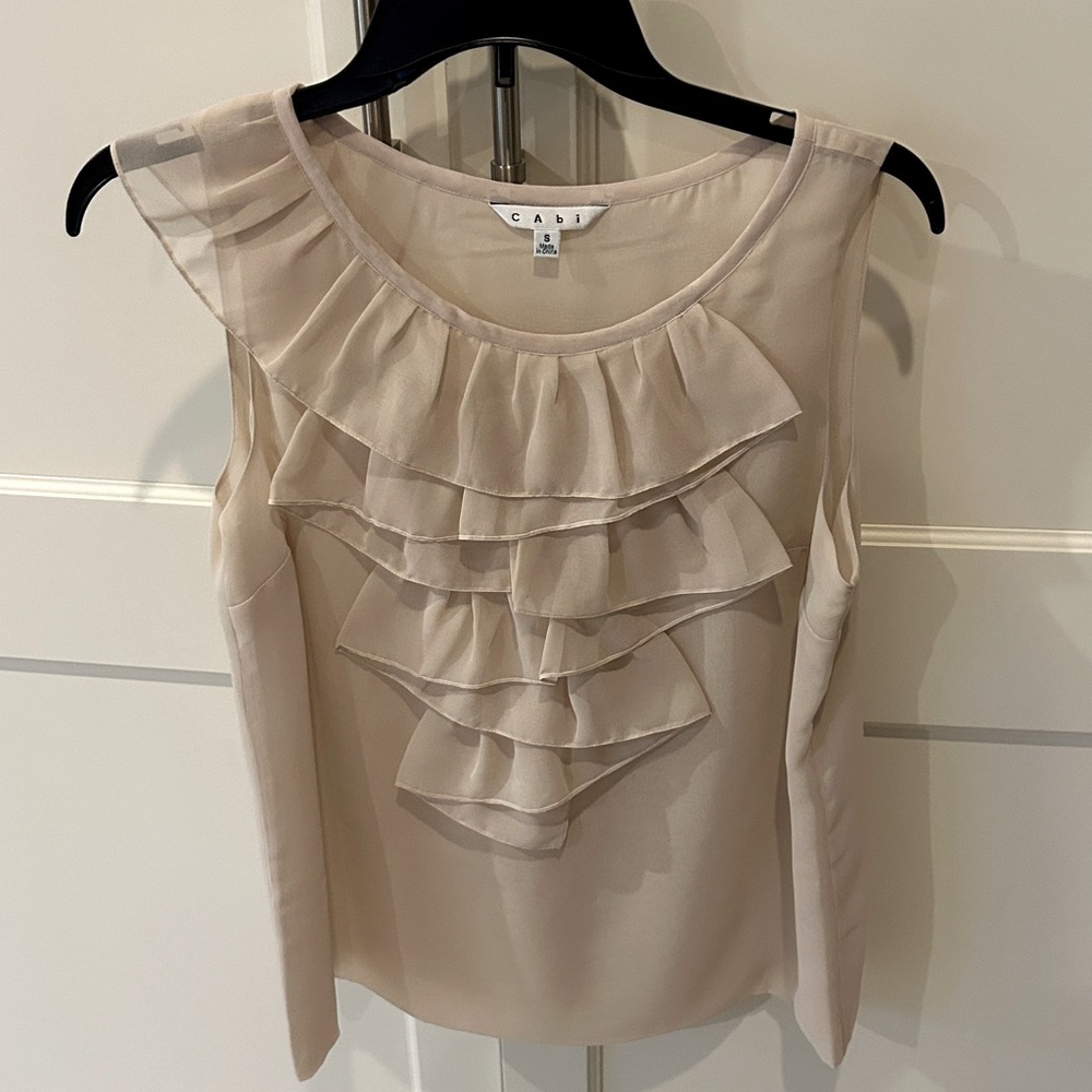 CAbi Light tan chiffon blouse with front ruffles.